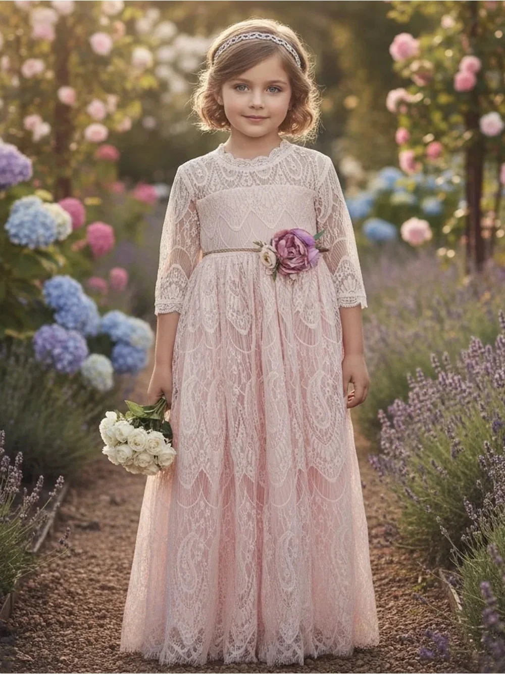 Delicate Pink Lace Formal Photoshoot Dress for Girls with Floral Sash
